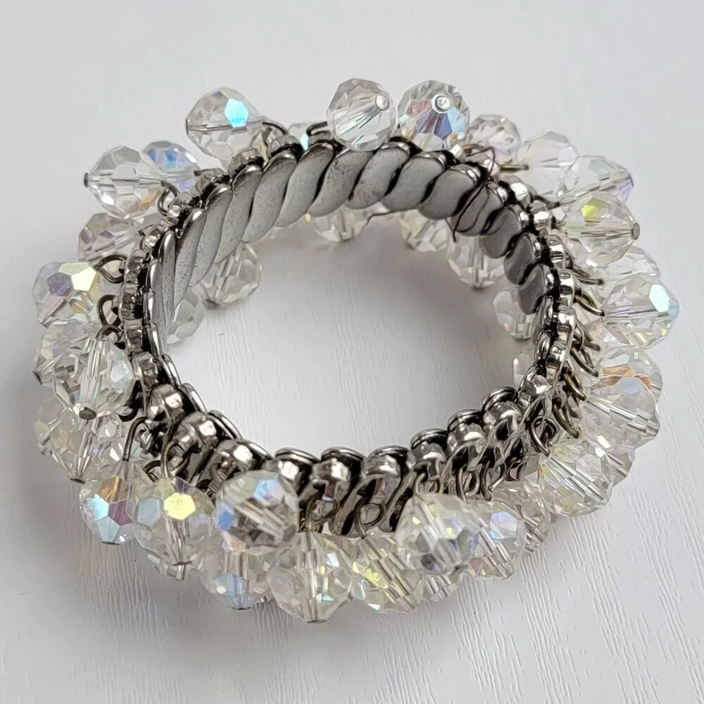 Vtg. Mid Century 50's Silver-Tone Clear Crystal Bead Charm Expandable Bracelet